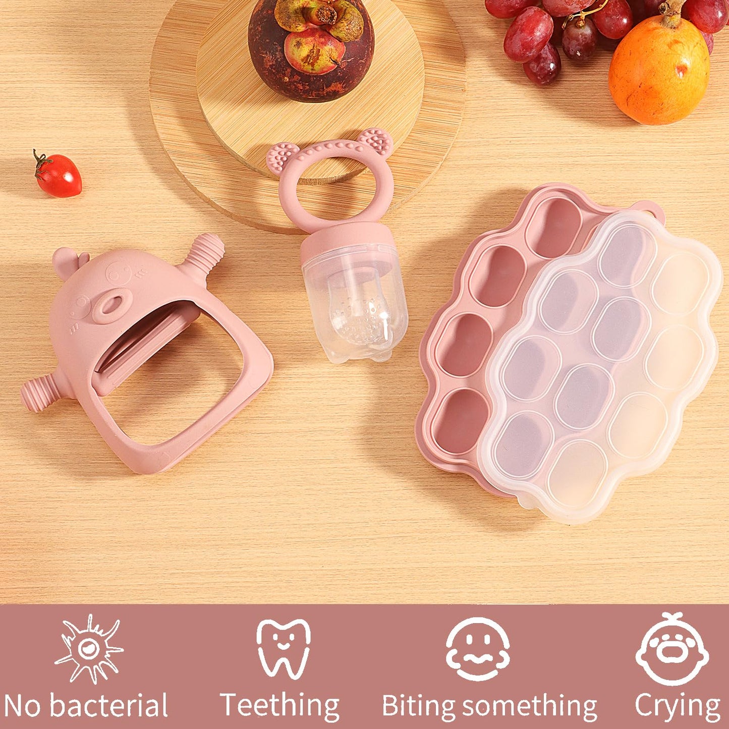 Baby Food Fruit Feeder and Breastmilk Popsicle Mold Set, 3 Pack - 1 Food Feeder Pacifier for Teething Relief, 1 Freezer Tray, 1 Baby Teether Toy, Silicone Fruit Teether (Blush)