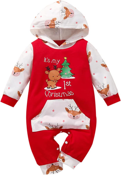 My First Christmas Baby Girl Boy Outfit Car Truck Long Sleeve Pocket Hooded Romper Jumpsuit Xmas One Piece Clothes