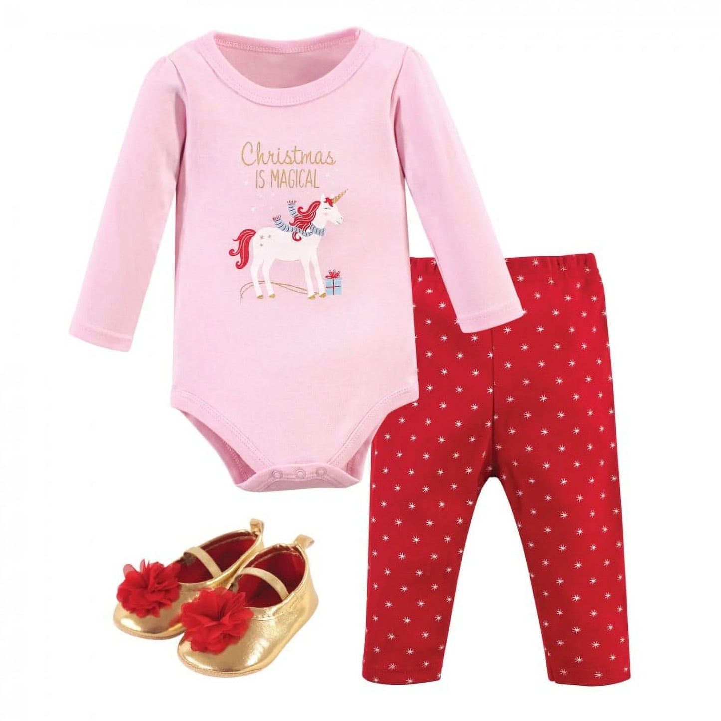 Infant Girl Cotton Bodysuit, Pant and Shoe 3Pc Set, Magical Christmas, 0-3 Months