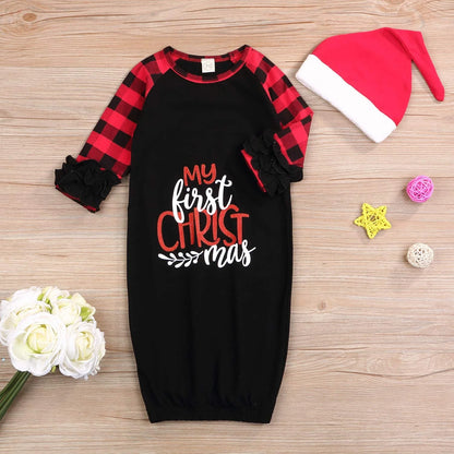 Baby Gown Newborn Cotton Nightgown Long Sleeve Stripe Baby Sleeping Bags Baby Boy Girl My First Christmas Coming Home Outfits Set (Black,0-6M)