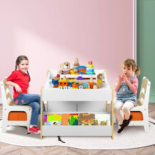 4 in 1 Kids Table 2 Chairs Set, Activity Table for Toddler with Storage Shelf, Natural