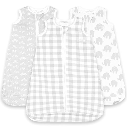 Baby Sleeping Bag Sack – Infant Sleeping Bags – 3 Pack - Pure Cotton Unisex Zip up Wearable Blanket for Sleeping Boys & Girls (Grey Plaid, 12-18 Months)