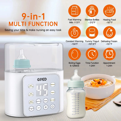 Baby Bottle Warmer, 9-In-1 Fast Baby Food Heater & Defrost, Double Bottle Warmer with Appointment &Timer, Bpa-Free, Accurate Temperature Control for Breastmilk & Formula, LCD Display