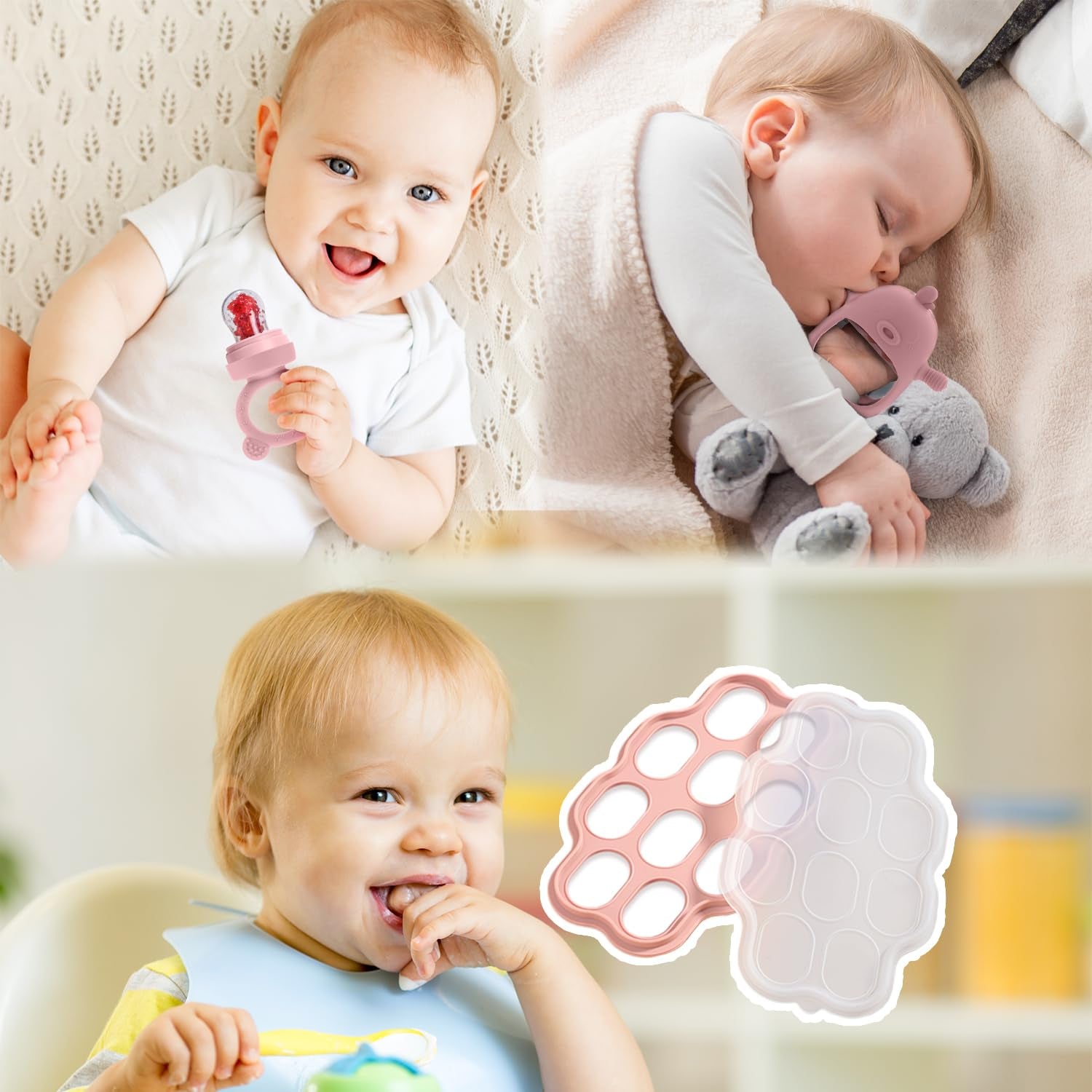 Baby Food Fruit Feeder and Breastmilk Popsicle Mold Set, 3 Pack - 1 Food Feeder Pacifier for Teething Relief, 1 Freezer Tray, 1 Baby Teether Toy, Silicone Fruit Teether (Blush)
