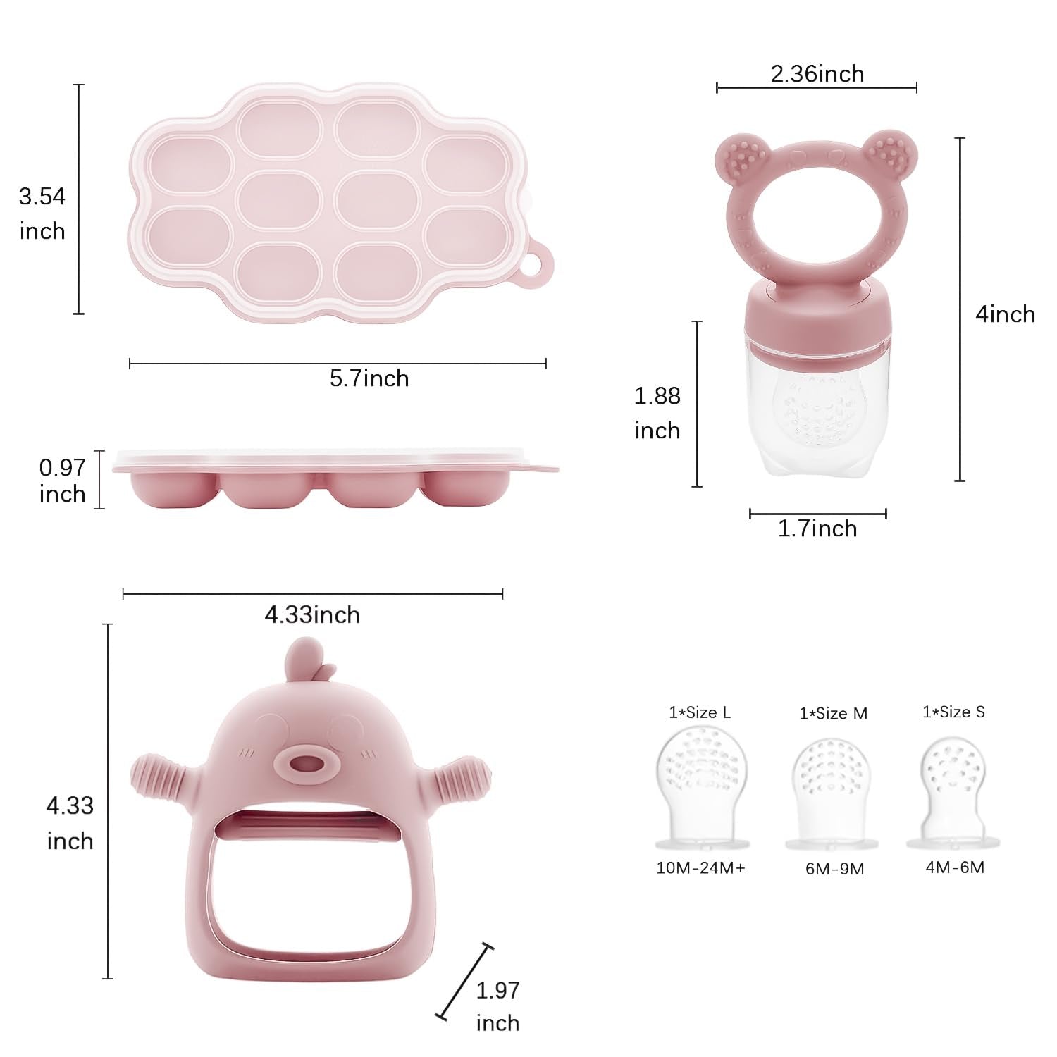 Baby Food Fruit Feeder and Breastmilk Popsicle Mold Set, 3 Pack - 1 Food Feeder Pacifier for Teething Relief, 1 Freezer Tray, 1 Baby Teether Toy, Silicone Fruit Teether (Blush)