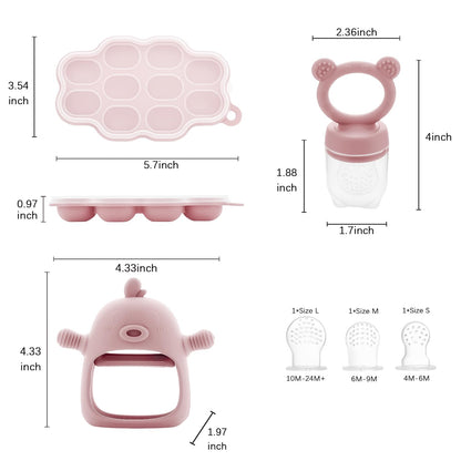 Baby Food Fruit Feeder and Breastmilk Popsicle Mold Set, 3 Pack - 1 Food Feeder Pacifier for Teething Relief, 1 Freezer Tray, 1 Baby Teether Toy, Silicone Fruit Teether (Blush)