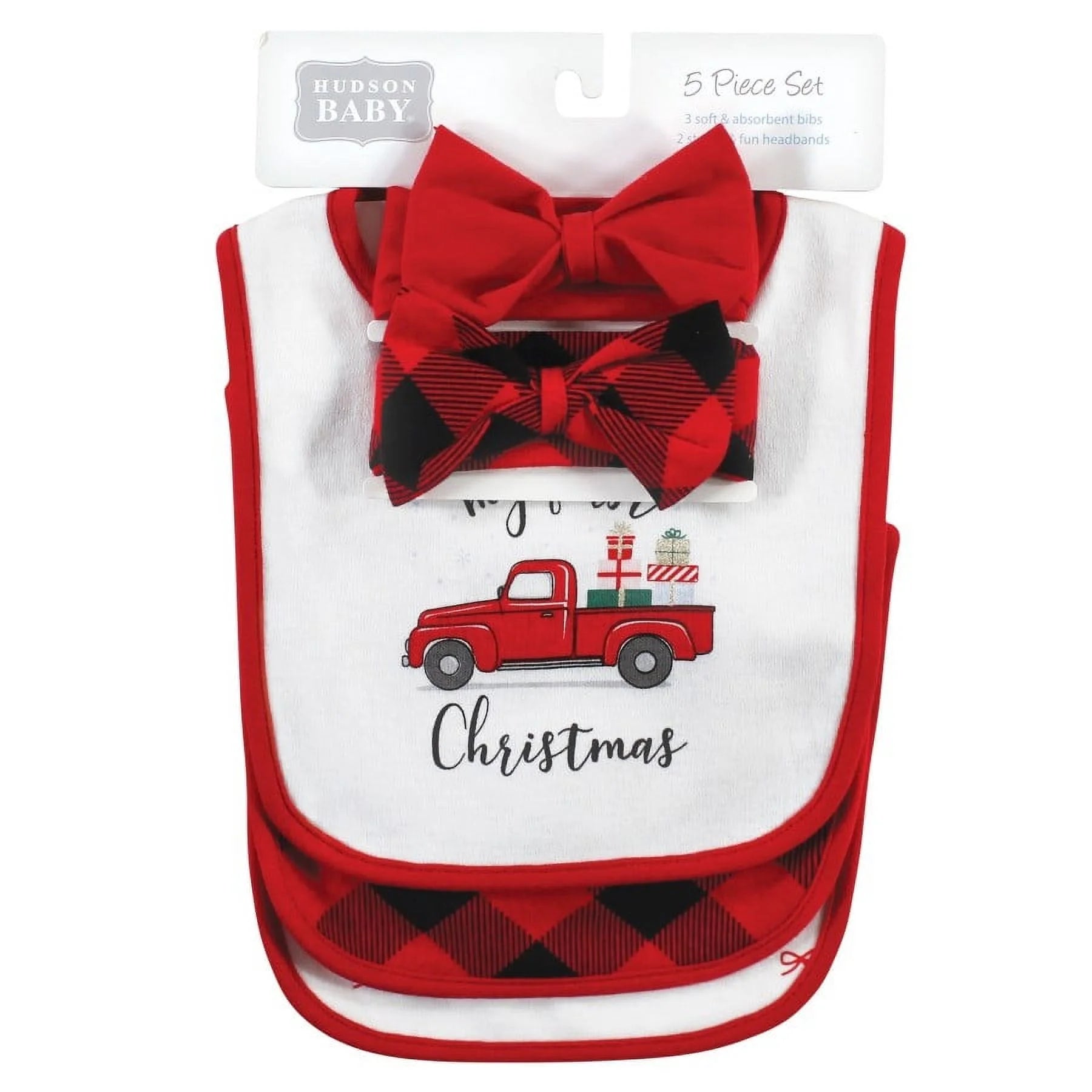 Infant Girls Cotton Bib and Headband or Caps Set, Red Truck Bows, One Size