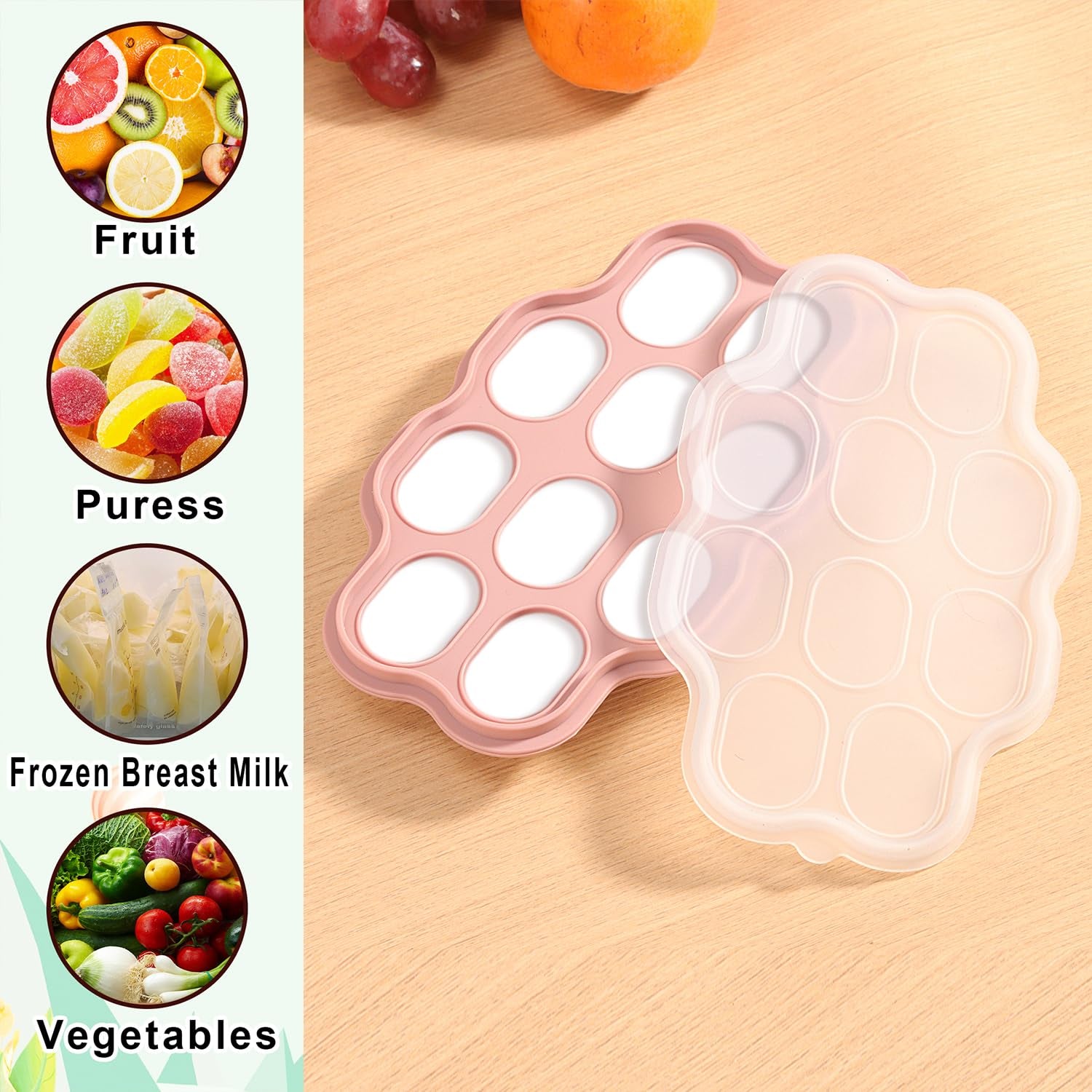 Baby Food Fruit Feeder and Breastmilk Popsicle Mold Set, 3 Pack - 1 Food Feeder Pacifier for Teething Relief, 1 Freezer Tray, 1 Baby Teether Toy, Silicone Fruit Teether (Blush)