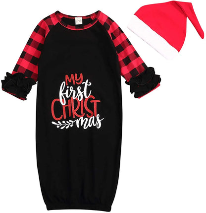Baby Gown Newborn Cotton Nightgown Long Sleeve Stripe Baby Sleeping Bags Baby Boy Girl My First Christmas Coming Home Outfits Set (Black,0-6M)