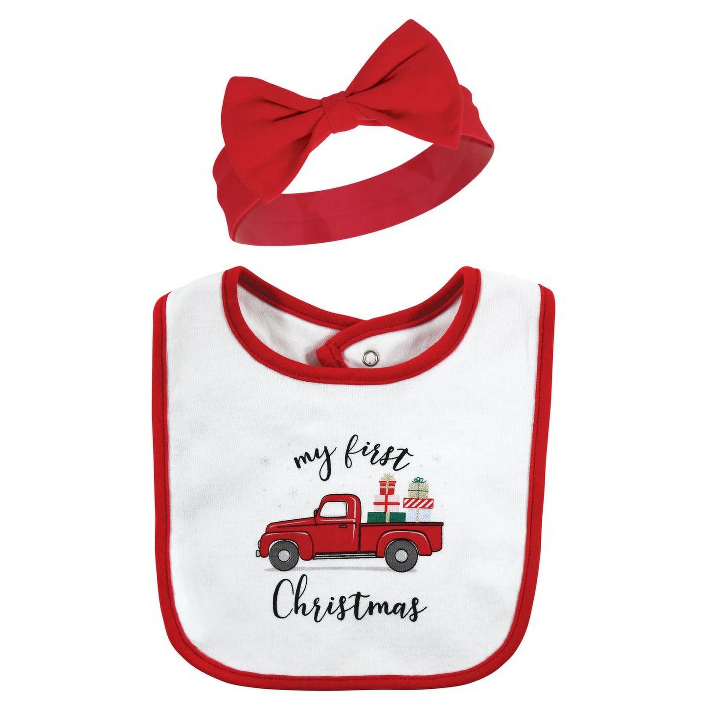 Infant Girls Cotton Bib and Headband or Caps Set, Red Truck Bows, One Size