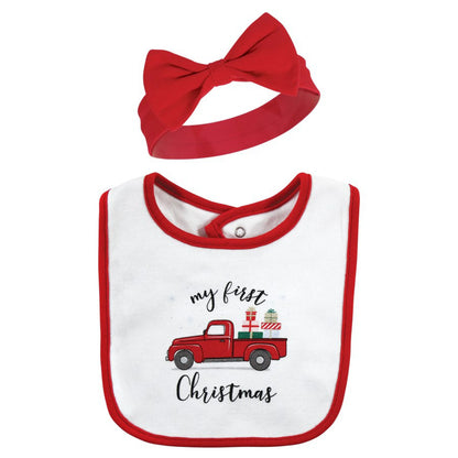 Infant Girls Cotton Bib and Headband or Caps Set, Red Truck Bows, One Size
