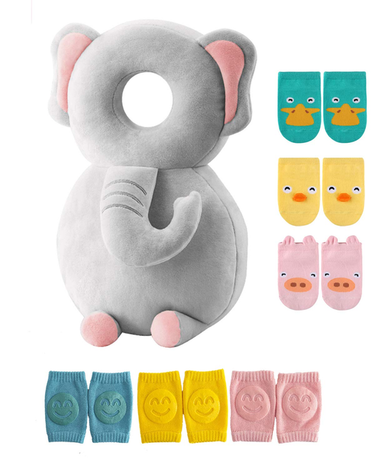 Elephant Head Protector Backpack for Crawler/Walker with Knee Pads & Anti-Slip Socks