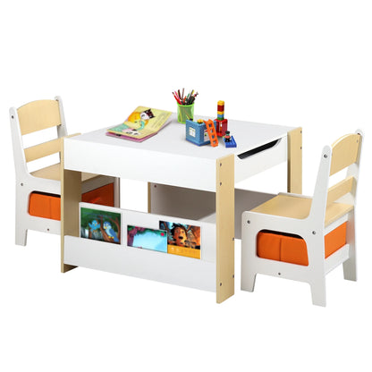 4 in 1 Kids Table 2 Chairs Set, Activity Table for Toddler with Storage Shelf, Natural