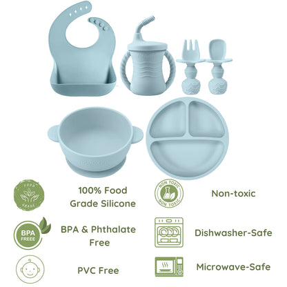 12-Piece Silicone Baby Feeding Set with Adjustable Bib, Suction Bowl, Straw Cup