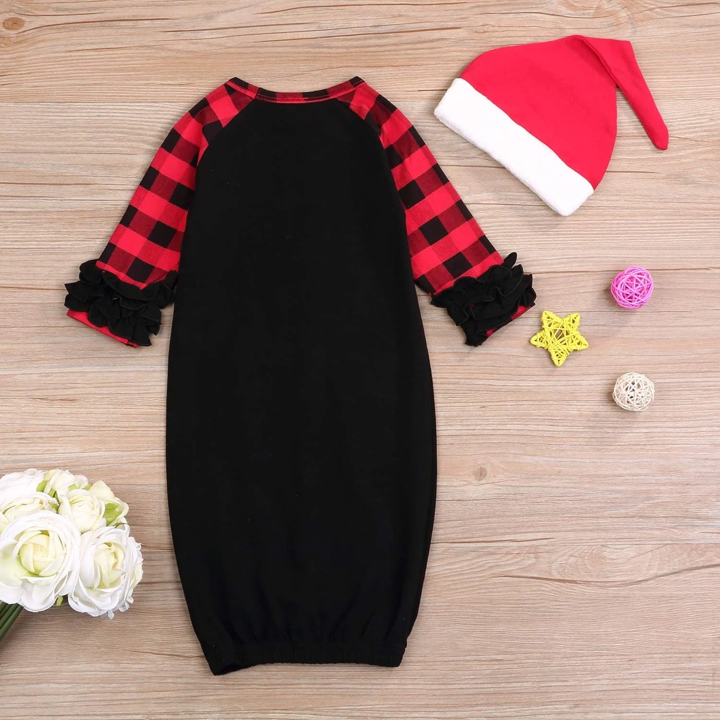 Baby Gown Newborn Cotton Nightgown Long Sleeve Stripe Baby Sleeping Bags Baby Boy Girl My First Christmas Coming Home Outfits Set (Black,0-6M)