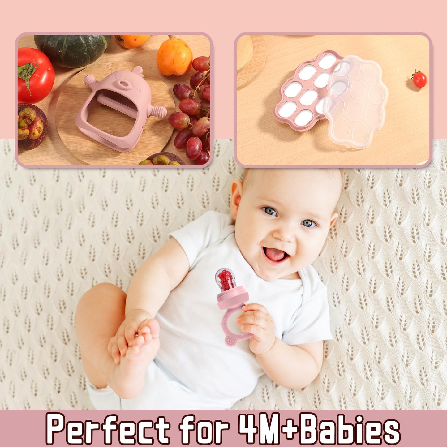 Baby Food Fruit Feeder and Breastmilk Popsicle Mold Set, 3 Pack - 1 Food Feeder Pacifier for Teething Relief, 1 Freezer Tray, 1 Baby Teether Toy, Silicone Fruit Teether (Blush)